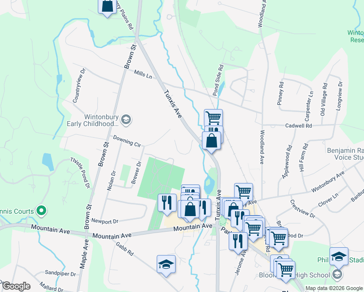 map of restaurants, bars, coffee shops, grocery stores, and more near 55 Tunxis Avenue in Bloomfield