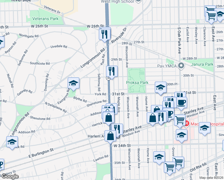 map of restaurants, bars, coffee shops, grocery stores, and more near 3049 South Harlem Avenue in Berwyn