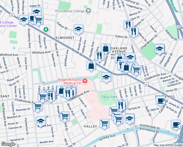 map of restaurants, bars, coffee shops, grocery stores, and more near 50 Maude Street in Providence