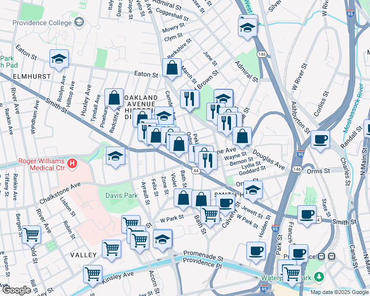 map of restaurants, bars, coffee shops, grocery stores, and more near 27 Camden Avenue in Providence