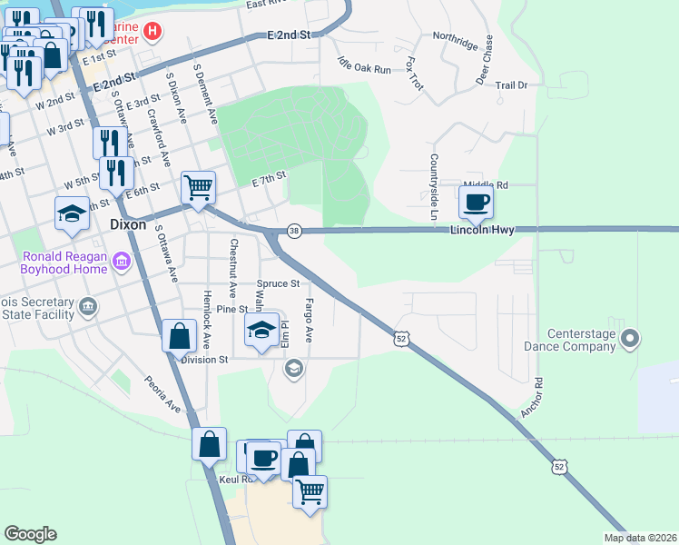 map of restaurants, bars, coffee shops, grocery stores, and more near 815 Chicago Avenue in Dixon