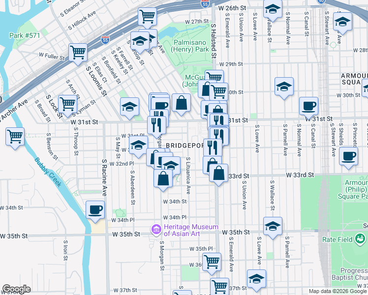 map of restaurants, bars, coffee shops, grocery stores, and more near 3200 South Lituanica Avenue in Chicago