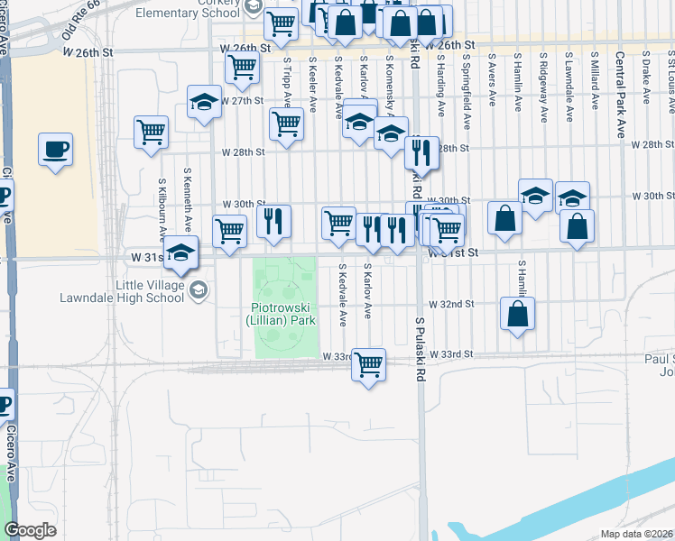 map of restaurants, bars, coffee shops, grocery stores, and more near 4117 West 31st Street in Chicago