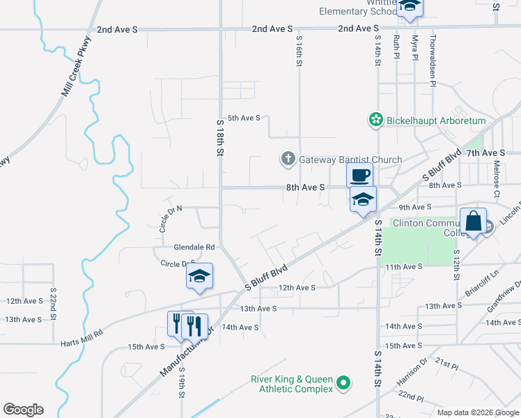 map of restaurants, bars, coffee shops, grocery stores, and more near 1600 Circle Drive East in Clinton