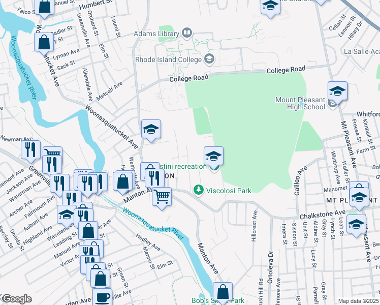 map of restaurants, bars, coffee shops, grocery stores, and more near 83 Rowley Street in Providence