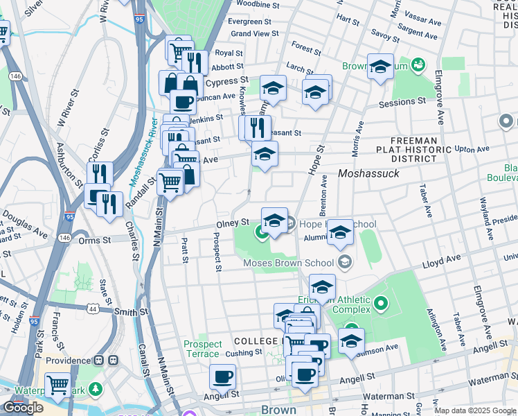 map of restaurants, bars, coffee shops, grocery stores, and more near 7 Ternay Garden Street in Providence
