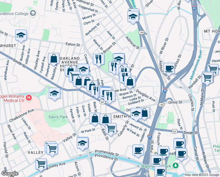 map of restaurants, bars, coffee shops, grocery stores, and more near 23 Alma Street in Providence