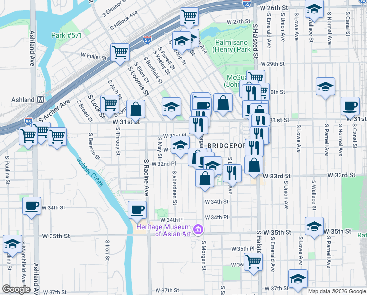 map of restaurants, bars, coffee shops, grocery stores, and more near 1032 West 32nd Street in Chicago
