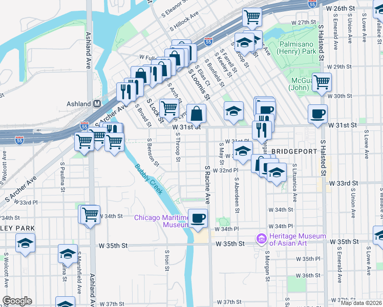 map of restaurants, bars, coffee shops, grocery stores, and more near 1218 West 32nd Place in Chicago