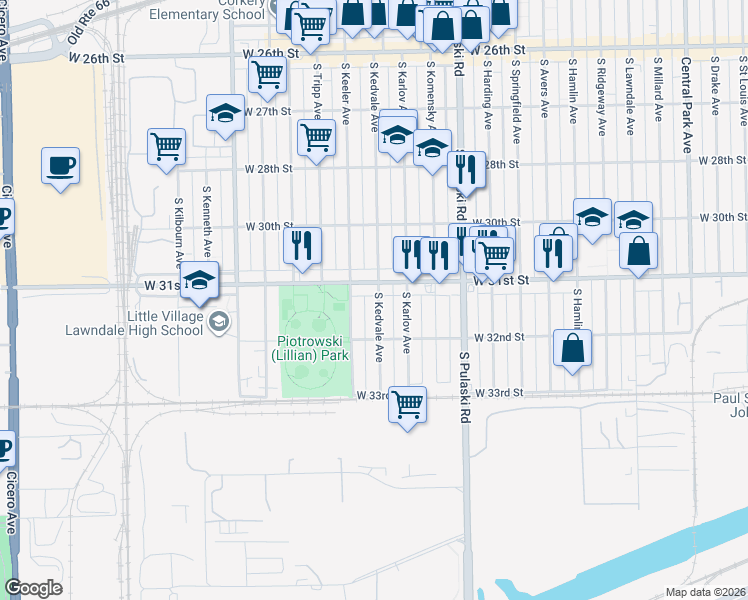 map of restaurants, bars, coffee shops, grocery stores, and more near 4117 West 31st Street in Chicago