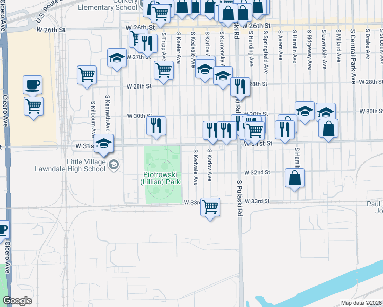 map of restaurants, bars, coffee shops, grocery stores, and more near 4153 West 31st Street in Chicago
