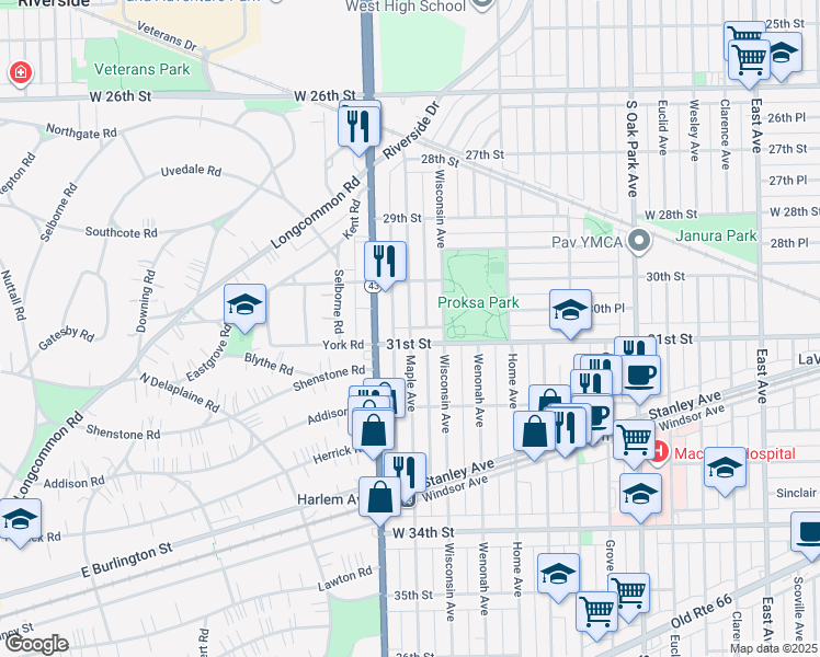map of restaurants, bars, coffee shops, grocery stores, and more near 3021 South Harlem Avenue in Berwyn