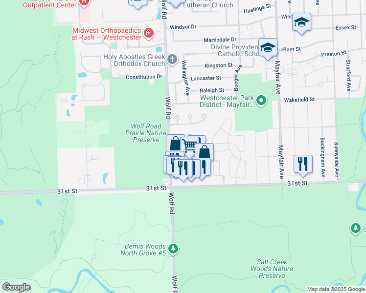map of restaurants, bars, coffee shops, grocery stores, and more near 2901 Wolf Rd in Westchester
