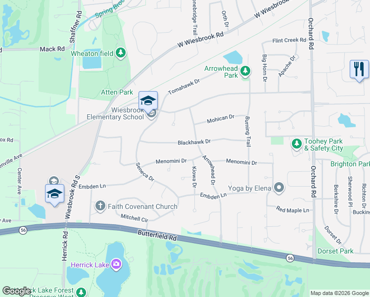 map of restaurants, bars, coffee shops, grocery stores, and more near 26W245 Blackhawk Drive in Wheaton