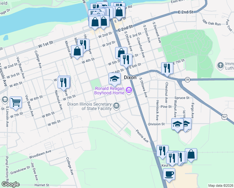 map of restaurants, bars, coffee shops, grocery stores, and more near 723 Peoria Avenue in Dixon