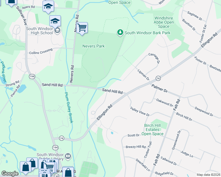 map of restaurants, bars, coffee shops, grocery stores, and more near 268 Sand Hill Road in South Windsor