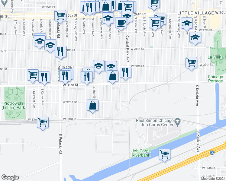 map of restaurants, bars, coffee shops, grocery stores, and more near 3121 South Lawndale Avenue in Chicago