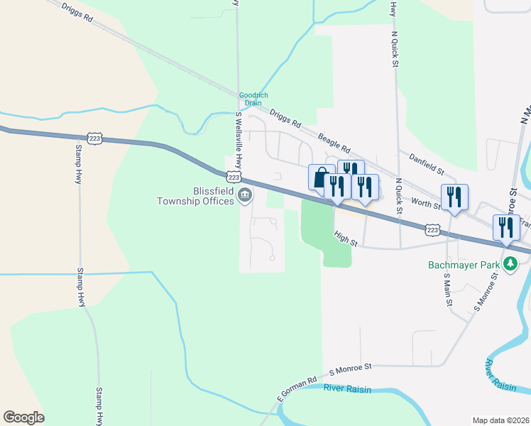 map of restaurants, bars, coffee shops, grocery stores, and more near 704 Korey's Circle in Blissfield