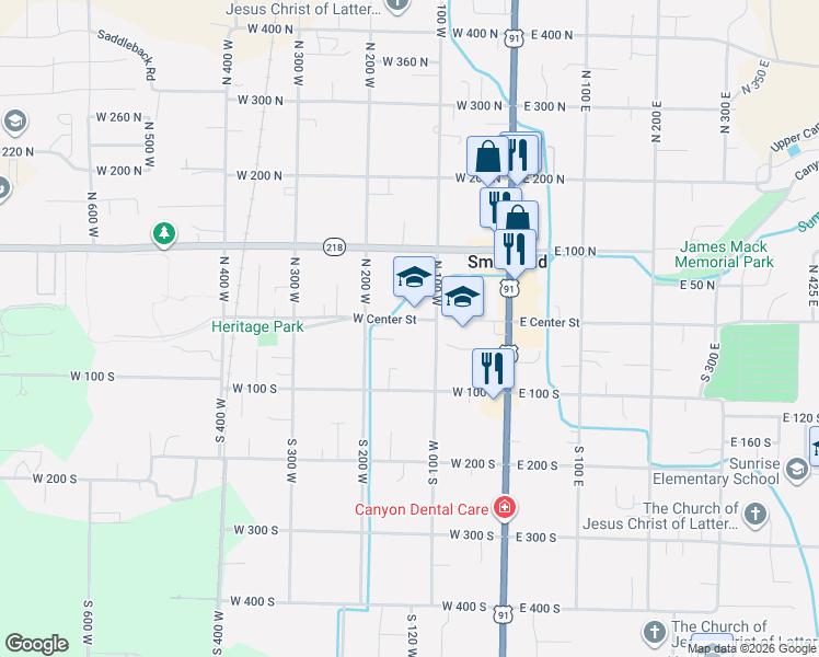 map of restaurants, bars, coffee shops, grocery stores, and more near 134 West Center Street in Smithfield