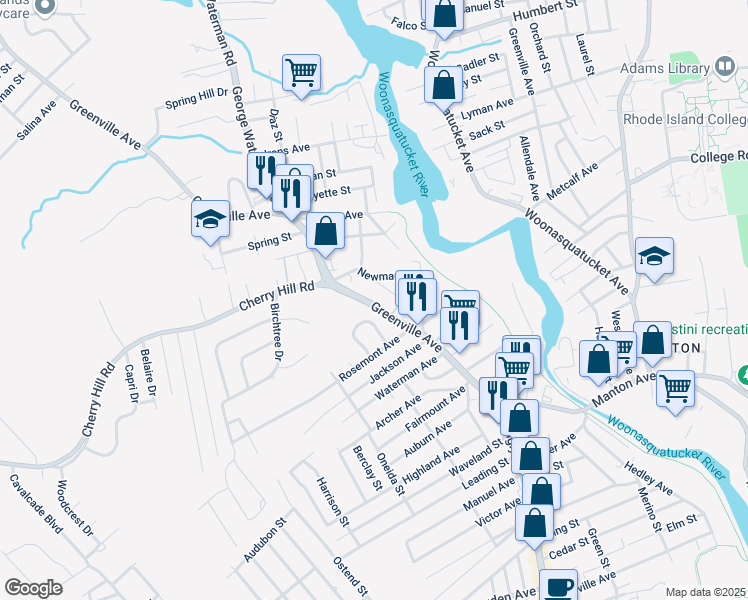 map of restaurants, bars, coffee shops, grocery stores, and more near 177 Greenville Avenue in Johnston