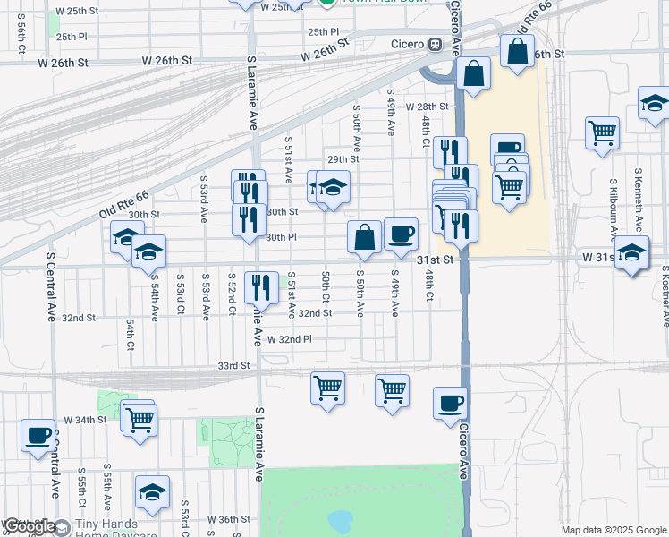 map of restaurants, bars, coffee shops, grocery stores, and more near 5023 West 31st Street in Cicero