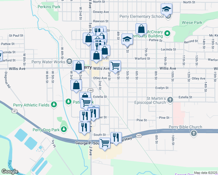 map of restaurants, bars, coffee shops, grocery stores, and more near Railroad Street in Perry