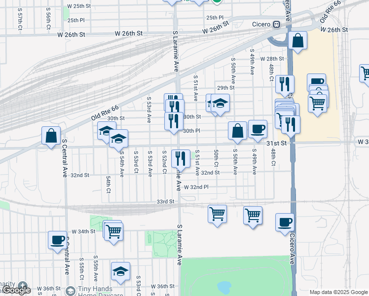 map of restaurants, bars, coffee shops, grocery stores, and more near 5121 31st Street in Cicero