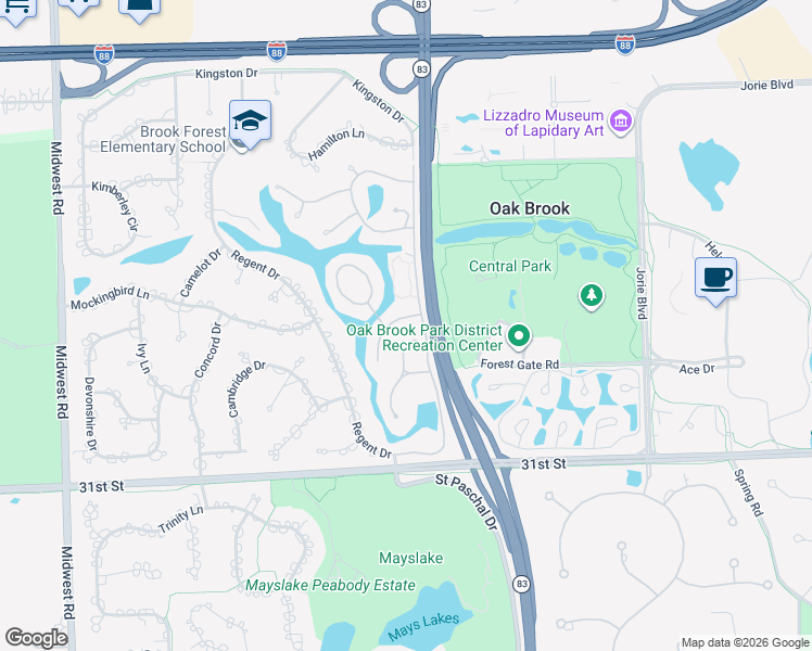 map of restaurants, bars, coffee shops, grocery stores, and more near 52 Briarwood Lane in Oak Brook