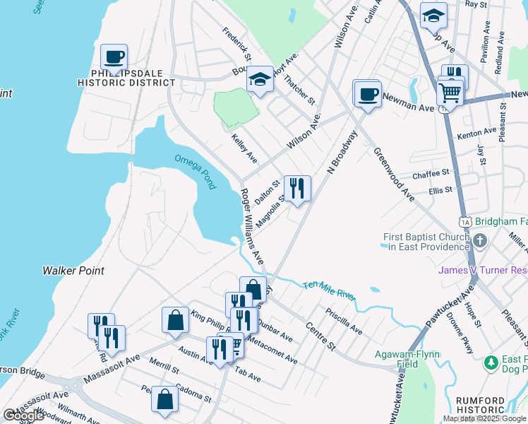 map of restaurants, bars, coffee shops, grocery stores, and more near 9 Dalton Street in East Providence