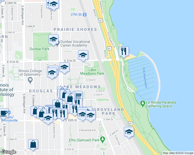 map of restaurants, bars, coffee shops, grocery stores, and more near 556 East 32nd Street in Chicago