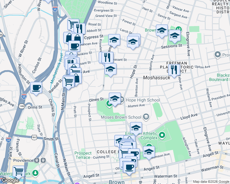 map of restaurants, bars, coffee shops, grocery stores, and more near 37 Carrington Avenue in Providence