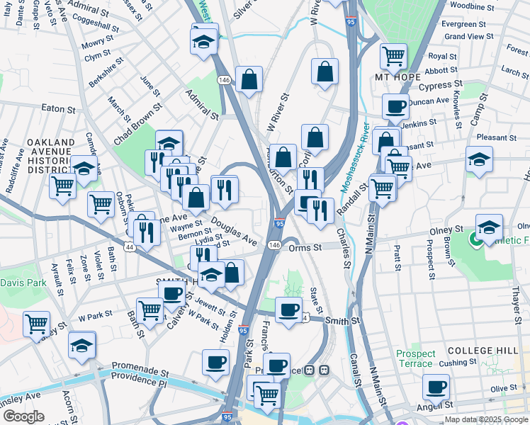 map of restaurants, bars, coffee shops, grocery stores, and more near 206 Chalkstone Avenue in Providence