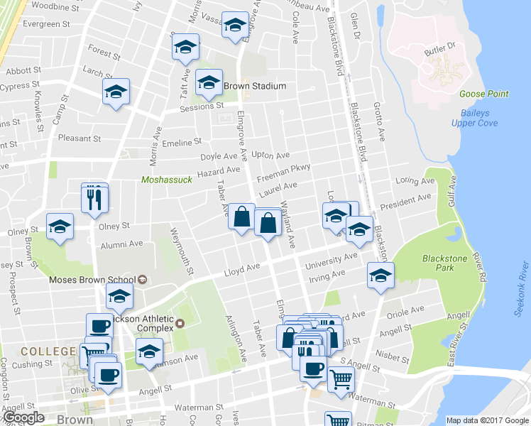 map of restaurants, bars, coffee shops, grocery stores, and more near 5 Doane Avenue in Providence