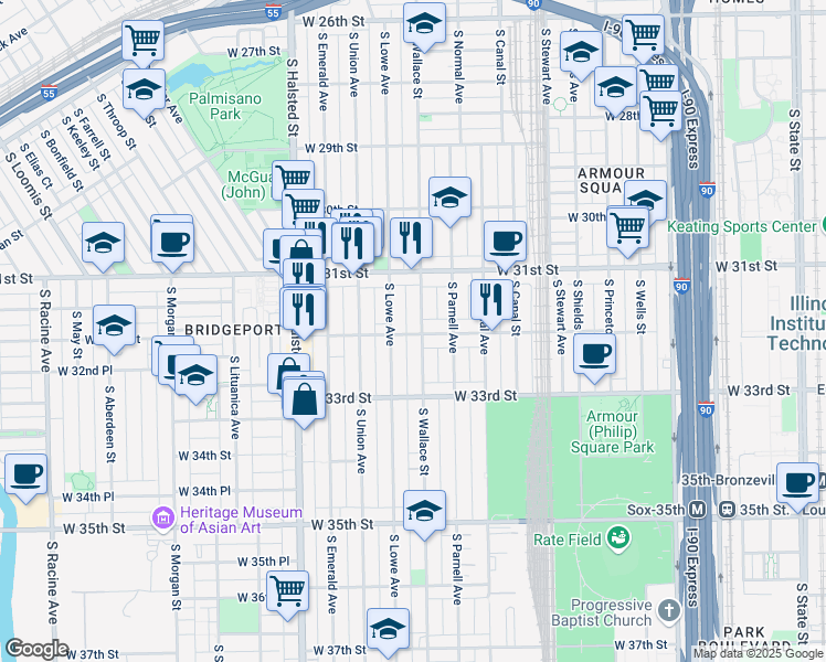 map of restaurants, bars, coffee shops, grocery stores, and more near 3156 South Wallace Street in Chicago
