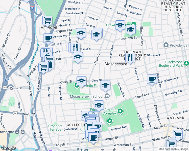 map of restaurants, bars, coffee shops, grocery stores, and more near 24 Brenton Avenue in Providence