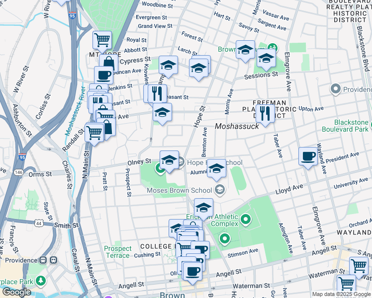 map of restaurants, bars, coffee shops, grocery stores, and more near 376 Hope Street in Providence