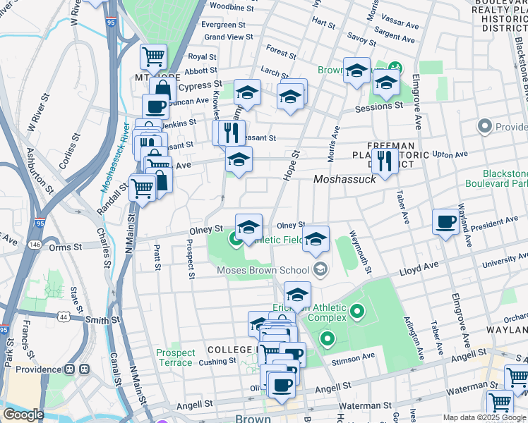 map of restaurants, bars, coffee shops, grocery stores, and more near 376 Hope Street in Providence