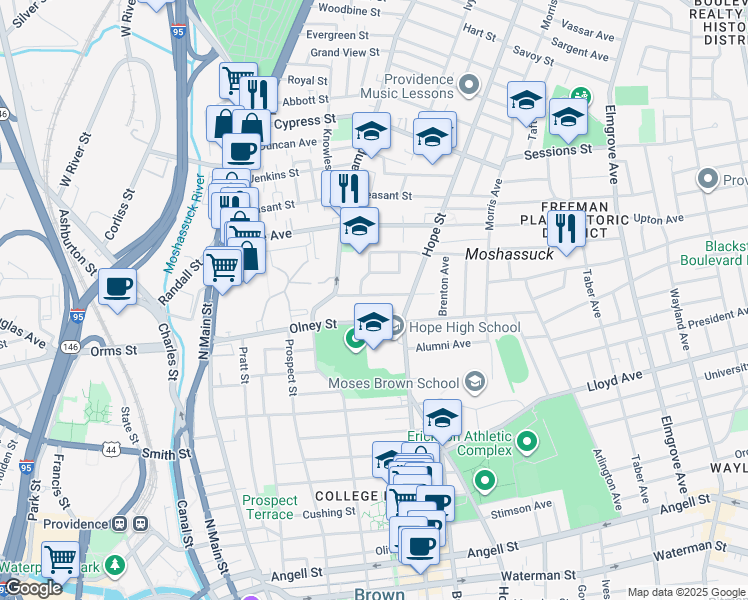 map of restaurants, bars, coffee shops, grocery stores, and more near 37 Carrington Avenue in Providence