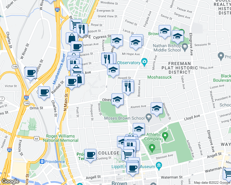 map of restaurants, bars, coffee shops, grocery stores, and more near 37 Carrington Avenue in Providence