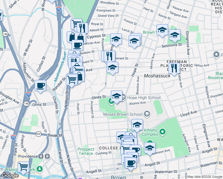 map of restaurants, bars, coffee shops, grocery stores, and more near 37 Carrington Avenue in Providence
