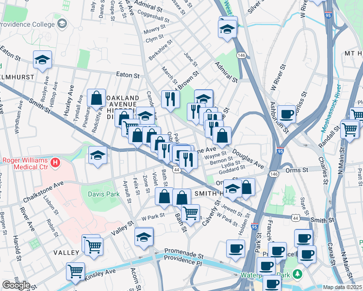 map of restaurants, bars, coffee shops, grocery stores, and more near 23 Alma Street in Providence