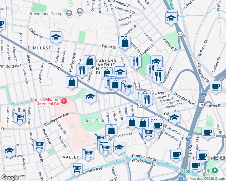 map of restaurants, bars, coffee shops, grocery stores, and more near 531 Smith Street in Providence