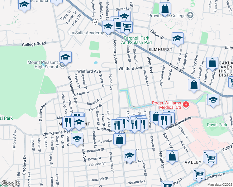 map of restaurants, bars, coffee shops, grocery stores, and more near 426 Academy Avenue in Providence