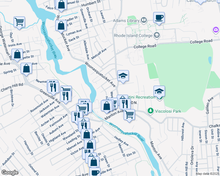 map of restaurants, bars, coffee shops, grocery stores, and more near 6 Woonasquatucket Avenue in North Providence