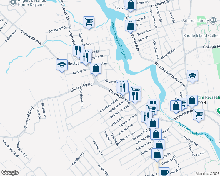 map of restaurants, bars, coffee shops, grocery stores, and more near 27 Kelley Avenue in Johnston