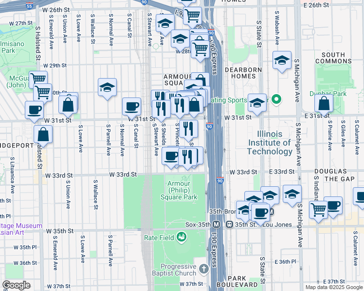 map of restaurants, bars, coffee shops, grocery stores, and more near 3160 South Wells Street in Chicago