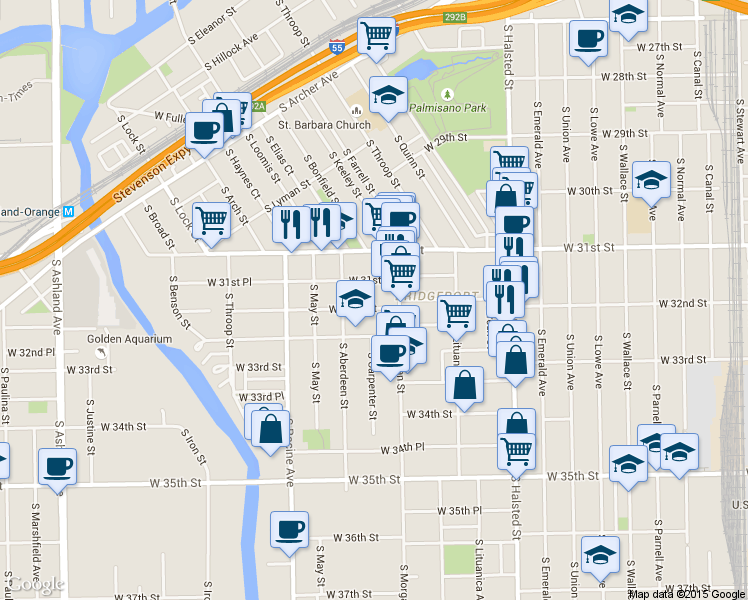 map of restaurants, bars, coffee shops, grocery stores, and more near 1032 West 32nd Street in Chicago