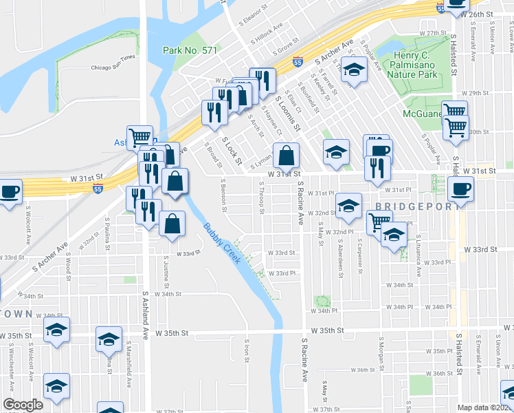 map of restaurants, bars, coffee shops, grocery stores, and more near 3144 South Throop Street in Chicago