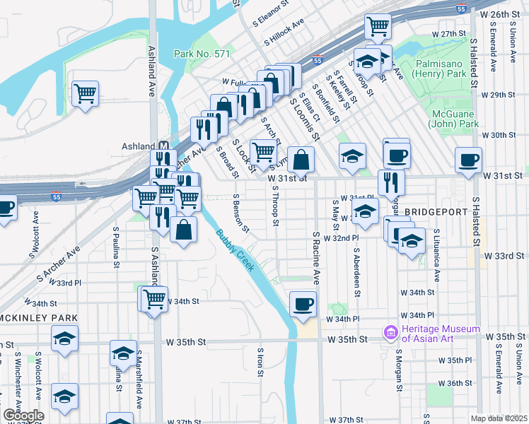 map of restaurants, bars, coffee shops, grocery stores, and more near 3144 South Throop Street in Chicago