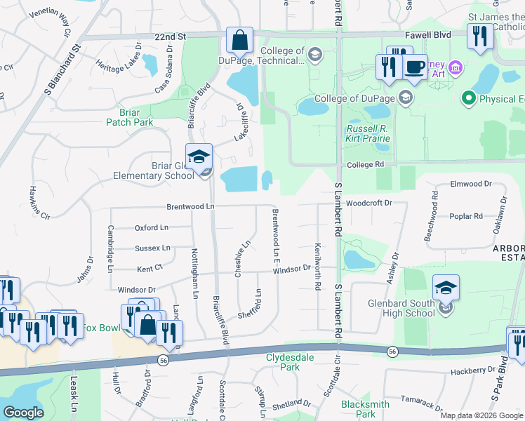 map of restaurants, bars, coffee shops, grocery stores, and more near 1844 Brentwood Lane East in Wheaton